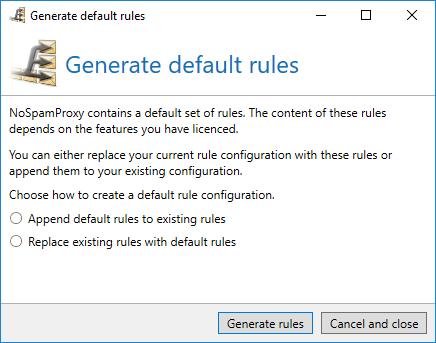 As for a fresh installation of NoSpamProxy, the list with the rules is empty. In this case, you can have created the default rules by using the link Generate default rules (Picture 92).