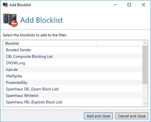 Picture 106: Add all blocklists which should check the IP addresses of incoming mails Click on Add, to select the blocklists which NoSpamProxy Protection should scan during the filtering.