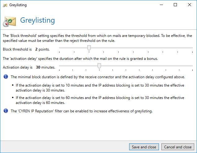 Picture 115: Configure the options of greylisting You can define from which threshold greylisting starts to become active and set the delay time after which the Level of Trust entry should ensue.