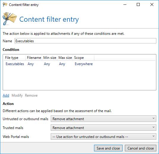 Picture 130: A content filter entry A condition defines the files which are processed by the content filter. You can filter by various properties of the attachments.