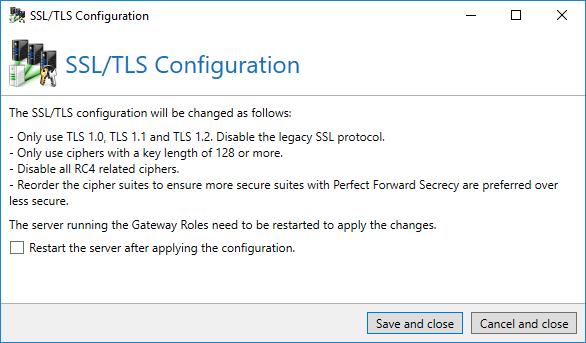 Picture 183: Apply recommended settings for SSL/TLS configuration of Windows Furthermore, in this section, you have the possibility to recover the standard values of