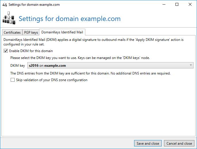 People and identities Picture 32: The selection of a DKIM key for the current owned domain On the tab DomainKeys Identified Mail, the already created keys can be assigned to the domain (Picture 32).