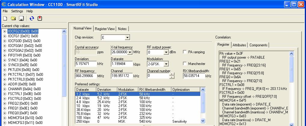 CC1100 Register Settings Chipcon s SmartRF Studio software can