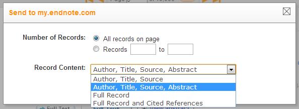 The default options are Author, Title, Source OR Author, Title, Source, Abstract. Full Record or Full Record and Cited References are only available in Web of Science.