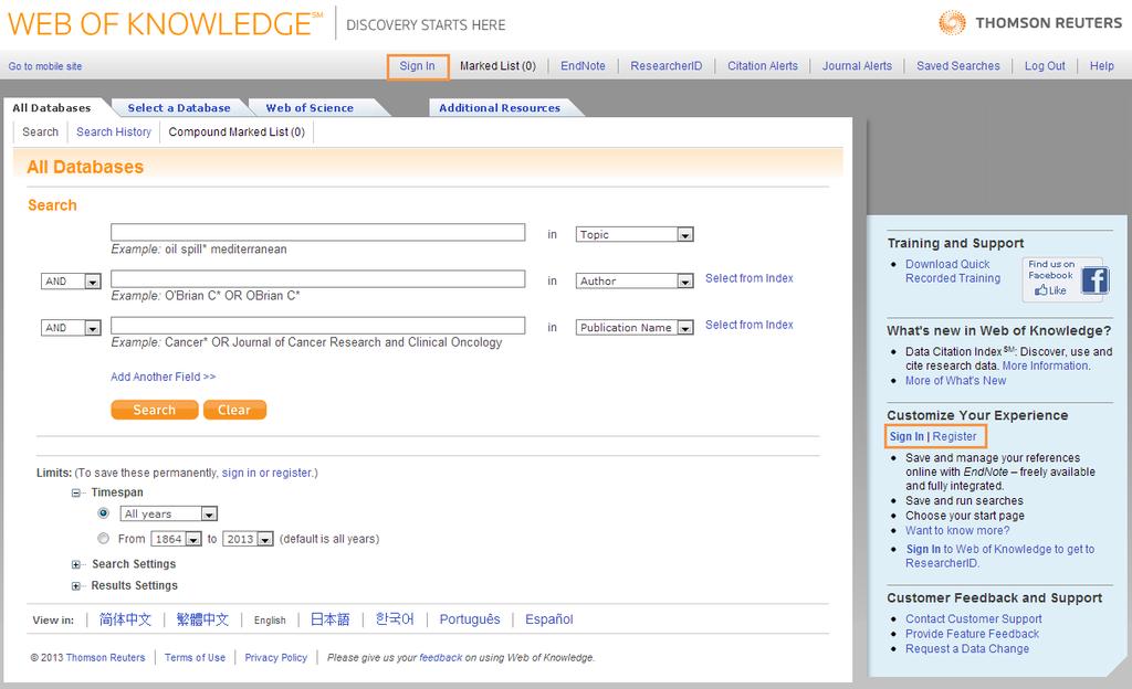 Register for Personalization Features while Maintaining Your Location in Web of Knowledge You can