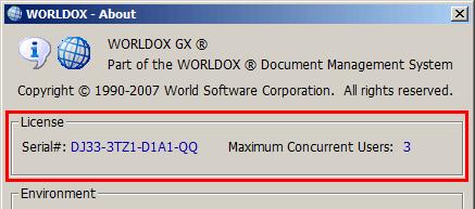 Figure 4: Worldox About window, where license # is found If the problem involves an error message, try to leave it on the screen.