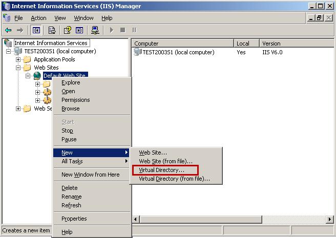Set cgi-bin and site folder permissions (6.0) 2 Open the Virtual Directory Creation Wizard. In the Internet Information Services (IIS) Manager window: a.