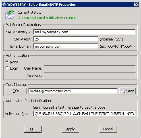 Enable Email Notifications and Password Resets (6.0) Otherwise, just continue on to Step 2 below. 2 Open the WDWEBSRV - Edit > Email/SMTP Properties dialog.