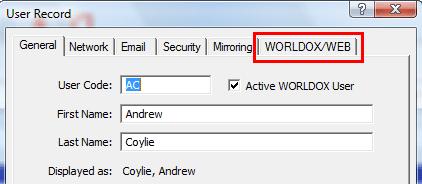 Enable Worldox users for web/mobile access 3 Enable Worldox/Web Mobile for the user. In the User Record dialog: a.