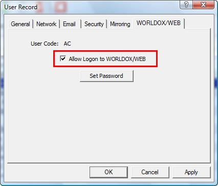In the WORLDOX/WEB tab, click the Allow Logon to WORLDOX/WEB checkbox to select it: Figure 28: WDADMIN User Record dialog -