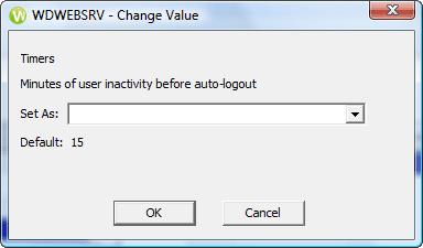 Enter a new value for the inactivity timer b. In the WDWEBSRV - Change Value dialog, type in the maximum session time (in minutes) you want WD/Web Mobile users to remain logged in with no activity. c.