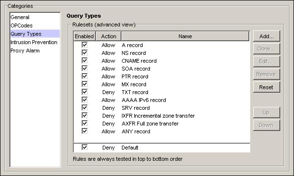 Configuring the DNS Proxy Adding a new OPcodes rule 1 Click Add. The New OPCodes Rule dialog box appears. 2 Type a name for the rule. Rules can have no more than 31 characters.