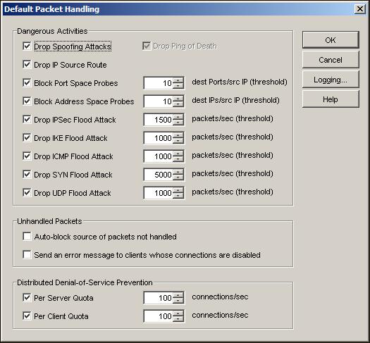 Using Default Packet Handling Options 2 Select the check box for the traffic patterns you want to prevent, as explained in the sections that follow.