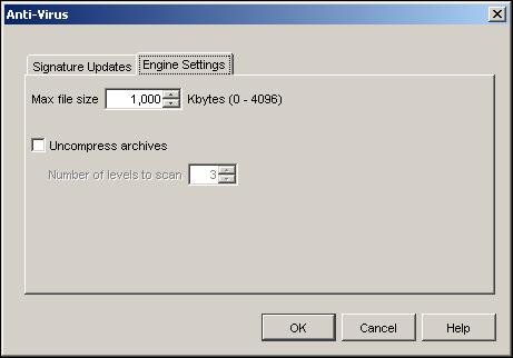 6 To scan inside compressed attachments, select the Uncompress archives check box. Select or type the number of compression levels to scan.