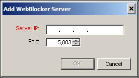 Adding a WebBlocker Action to a Policy Adding WebBlocker Server information 1 To add a server, click Add. The Add WebBlocker Server dialog box appears. 2 Type the server IP address and select a port.