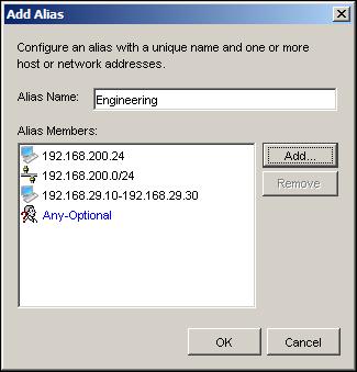 4 Click Add to add an IP address, subnet, interface, or a different alias to the list of alias members. The member appears in the list of Alias Members. 5 Click OK two times.
