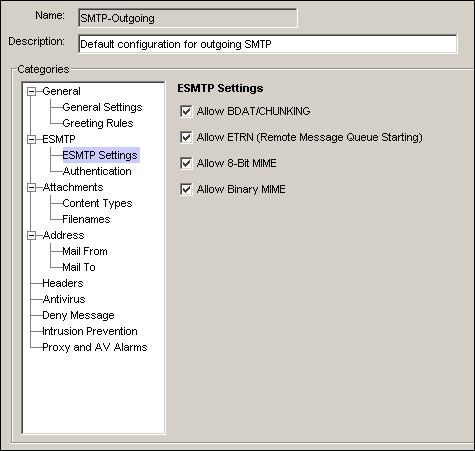Configuring the SMTP Proxy allow more functionality. ESMTP gives a method for functional extensions to SMTP, and for clients who support extended features to know each other.