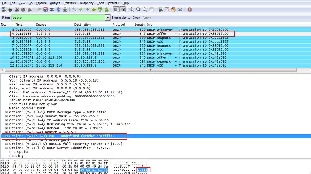 The following figure shows the DHCP Offer message received by the IP phone (DHCP server sends a DHCP