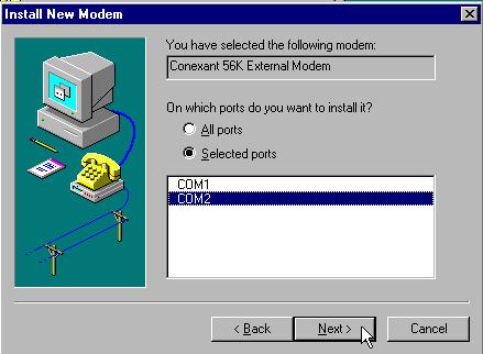 Modem Installation Instructions 9-7 Figure 9-7: Select COM Port Screen 9. Select the correct port and click on Next. 9.3.