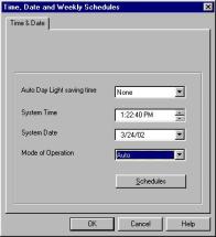 3-20 VUP Programming 1. Select AutoAttendant Time & Date from the menu bar. Time, Date and Weekly Schedules appear (see Figure 3-12). Alternatively, click on the Time & Date icon on the toolbar.