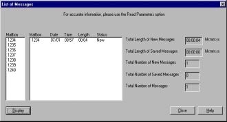 4-14 Administrator's Operations To obtain the Voice Mail System mailbox statistics 1. Select Statistics List of Messages from the menu bar (see Figure 4-8). Figure 4-8: Mailbox Statistics 2.