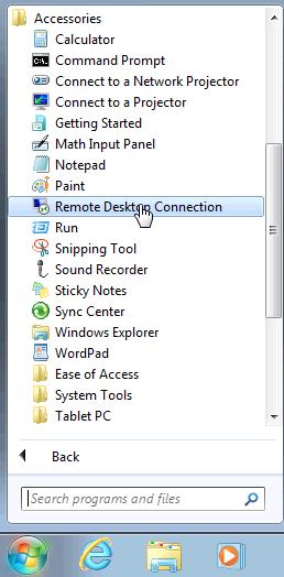 b. Click Start > All Programs > Accessories > Remote Desktop Connection. c. The Remote Desktop Connection window opens.