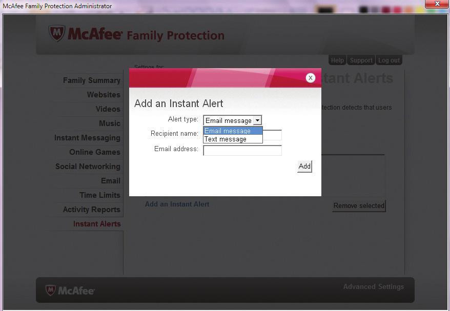 Add an Instant Alert To add an alert, click Add an Instant Alert. When the window opens, choose the alert type, recipient name and contact information.