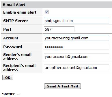 Enable e-mail alert SMTP Server Port (default 25) Account Password Sender's email address Recipient's email address Enable e-mail alert Sending emails provider s SMTP server address Service port of