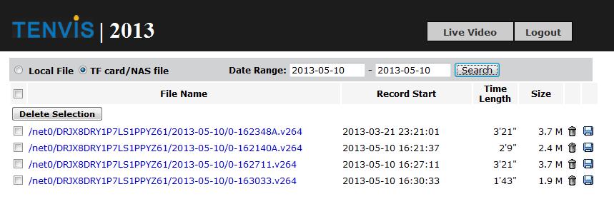 Camera s IP address The date and time of the record file. Such as 130528174502 means 2013-05-28 17:45:02 TF card/ NAS file means the file in TF card or NAS.