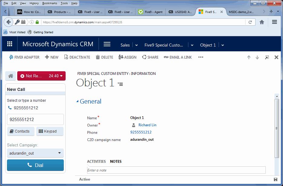 Configuring the Five9 Plus Adapter for Microsoft Dynamics CRM Assigning a Security Role to Users 4 To start the call, click the number in the adapter.