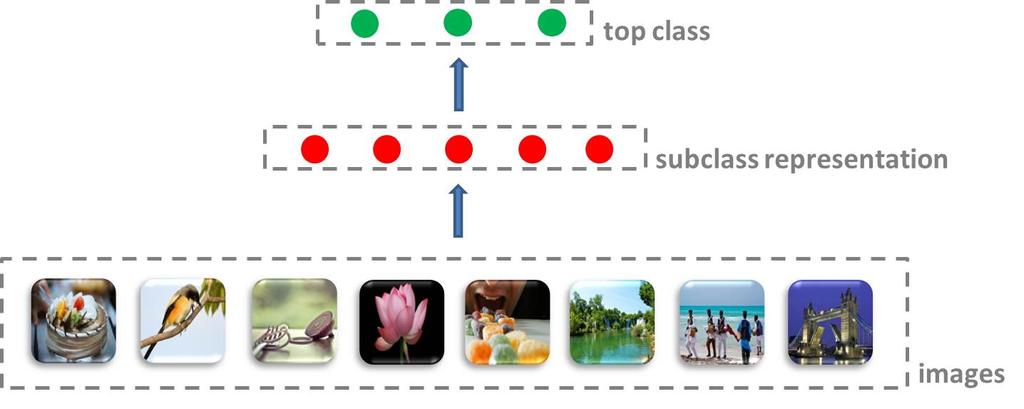 Figure 2: Overview of the propose approach. First subclasses are discovered, then top-level classes are predicted using subclass representations. an extremely large range of visual representations.
