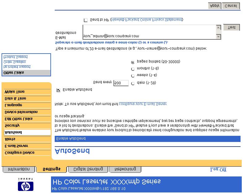 Settings Figure 3-6 AutoSend screen Table 3-5 AutoSend Callout Area on the screen Information or capability that the area provides 1 HP EWS tabs and menus For more information, see Navigating through
