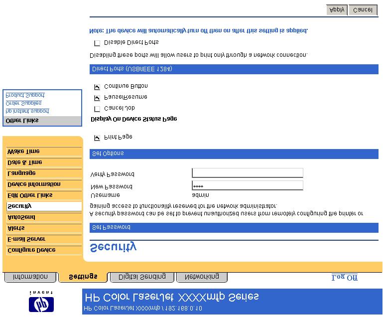 Settings Security The following illustration and table describe how to use the Security screen.
