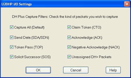 CONFIGURE CAPTURE FILTERS IN I/O SETTINGS DIALOG The DH Plus analyzer, using the 1784 U2DHP, allows users to select what type of packets are captured.