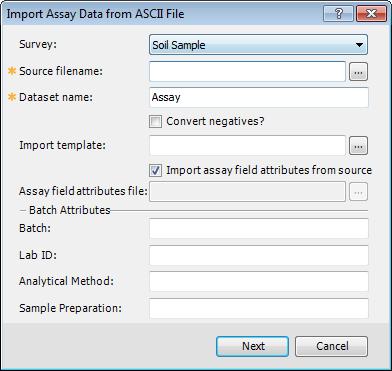 To Import Assay Data into the Survey 1. On the Geosoft Geochemistry toolbar, from the Data menu, select Import Assay Data. 2. Select ASCII. The Import Assay Data from ASCII File dialog appears. 3.