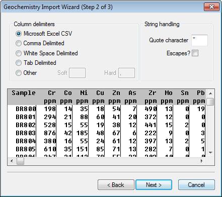 14. This dialog further defines the import columns and specify a string handling option, if required.
