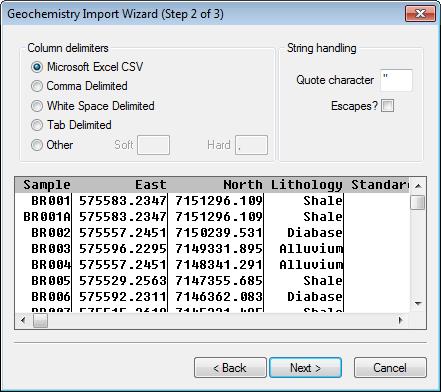 12. This dialog further defines the import columns and specify a string handling option, if required.