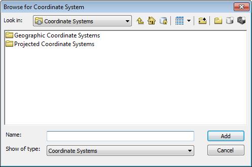 3. To select a coordinate system, click the Select button. The Browse for Coordinate System dialog is displayed.