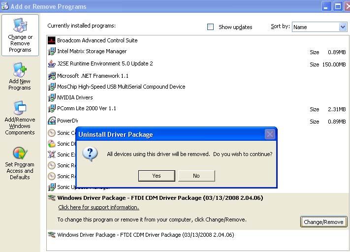 9. Press Start button and select Control Panel. 10. Open the Add or Remove program. 11. Remove the first Windows Driver Package FTDI CDM Driver Package ( ). 12.