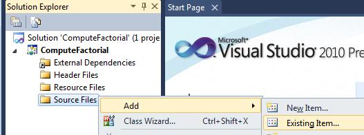 7 Figure 1.3: Add existing files to source folder Figure 1.4: Appearance of Visual C++ project (build mode is Debug) We are ready to compile and run the program under Visual Studio IDE.