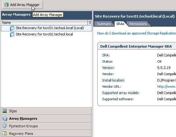 Site Recovery Manager Configuration Configuring the Array Managers Configuring the array managers so the Storage Replication Adapter can communicate with the Enterprise Manager Data Collector is