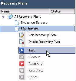 Recovery Plan Execution Testing a Recovery Plan Testing the recovery plan is non-disruptive to the storage replications and production volumes and VMs because the test recoveries use Storage Center