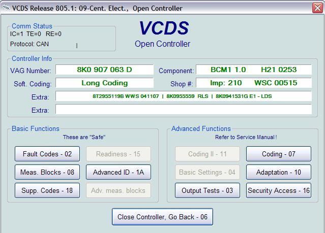 Open 09-Cent. Elect controller as shown right. Click on Coding-07 button. You ll see the screen to the right displayed.
