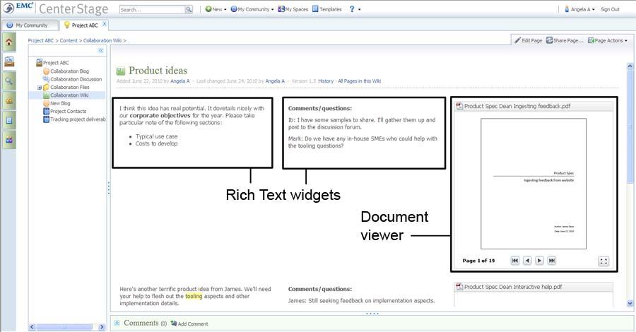 CenterStage Technical Overview Anatomy of a wiki page A number of widgets are available when designing a wiki page: Contents: Displays the contents of a folder, a space, or a cabinet within the site