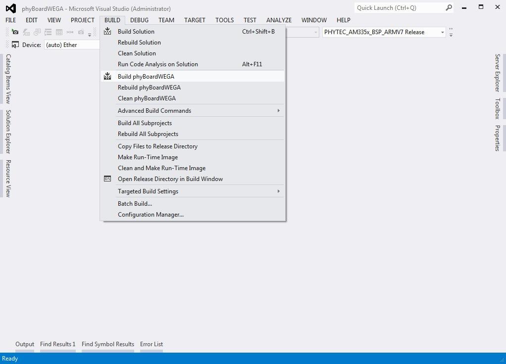 Advanced Information In the Visual Studio 2012 menu bar select Build > Build phyboardwega to start compiling and generating your first OS image.