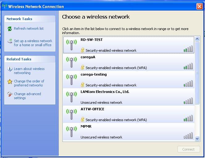 (2) Go [Control Panel] -> [Network connection] again -> right click [Wireless network connection], select [Available wireless network connection], e.g. ) corega, and click [Connect].