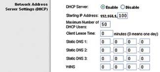 Router IP Address Network Address Server Settings (DHCP) The settings allow you to configure the Router s Dynamic Host Configuration Protocol (DHCP) server function.