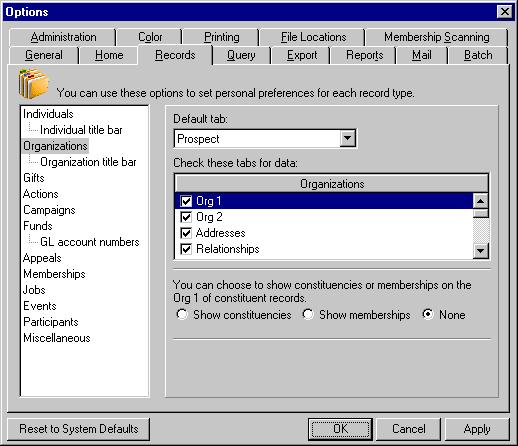 P ROSPECT INFORMATION 9 Setting organization constituent records to open displaying the Prospect tab 1. From the menu bar on the shell of The Raiser s Edge, select Tools, User Options.