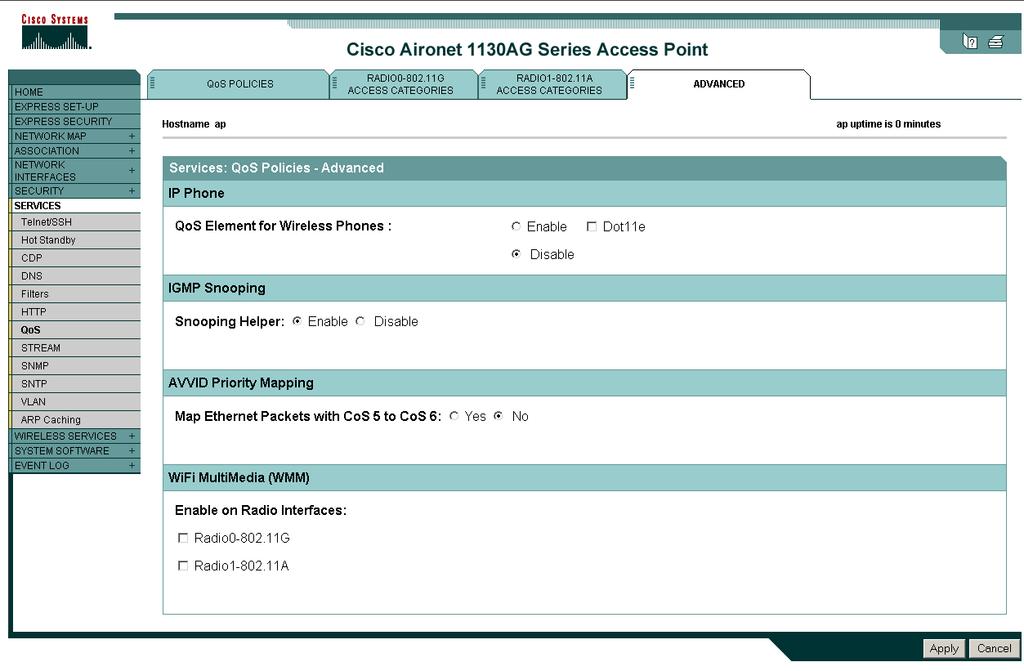 Cisco 1131, 1232 and 1242 Autonomous APs Advanced tab 1. Click the ADVANCED tab. 2. Under QoS Element for Wireless Phones, select the Disable option. 3.