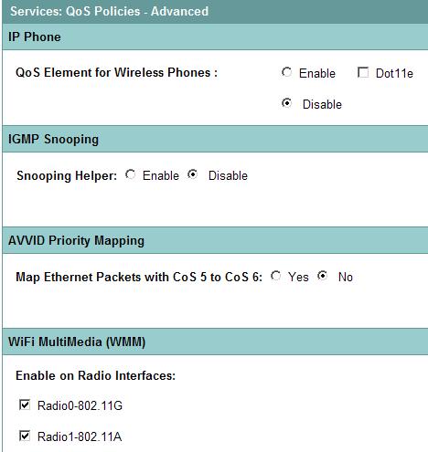 Cisco 1131, 1232 and 1242 Autonomous APs Enable WMM 1. Go to the ADVANCED tab in the QoS Services menu. 2. Enable WMM for all radios used by handsets. 3.